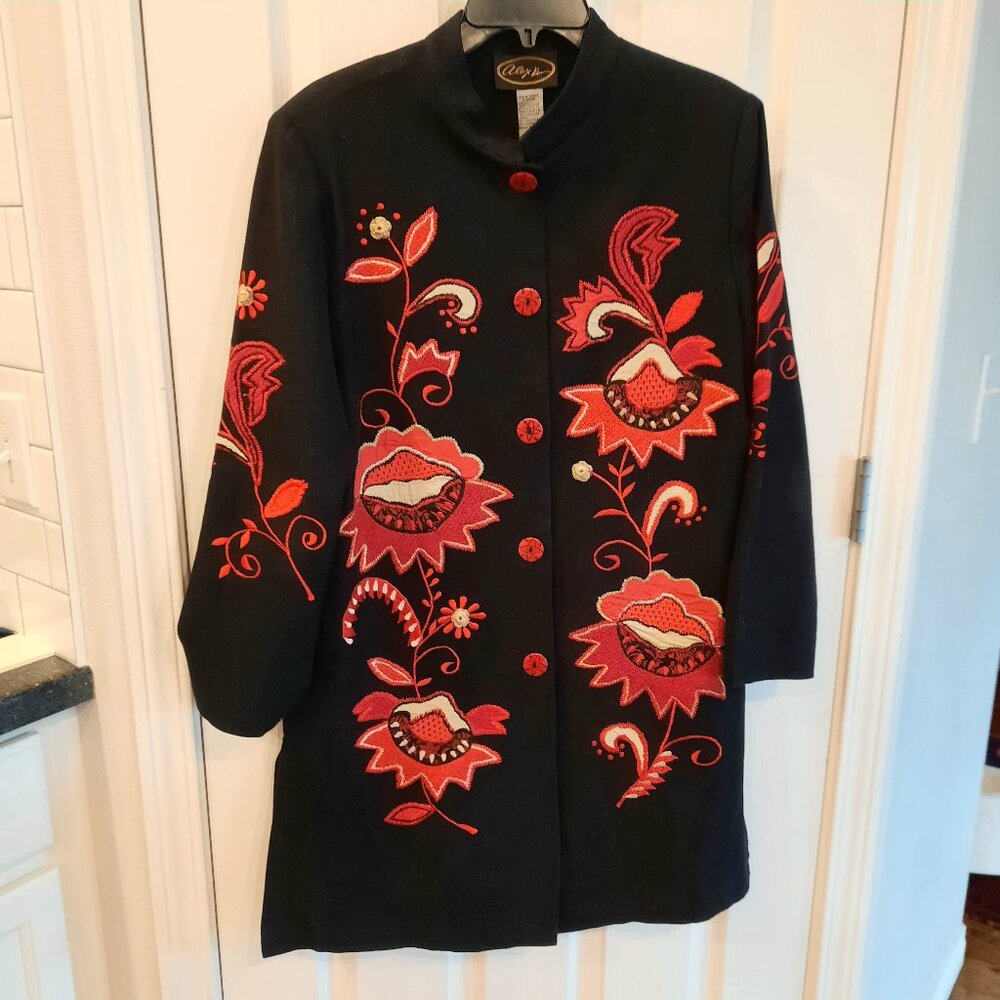 Very Unique Vintage Alex Kiv Applique Coat, Black with Red
